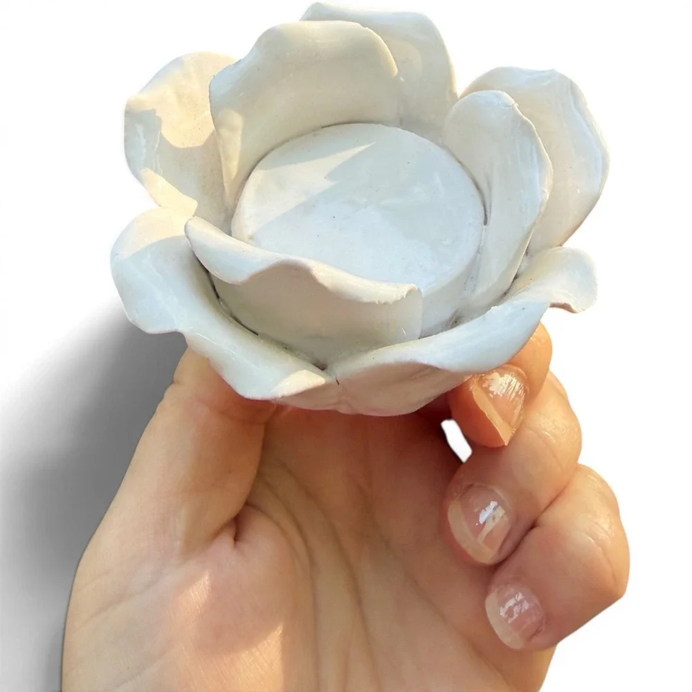 Tea Light Candle Holder Set White Ceramic Rose Vintage Floral Shabby Chic Decor